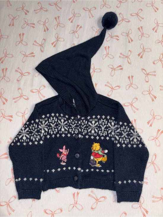 Disney Other - Vintage Kids Navy Knit Hooded Cardigan with Winnie the Pooh Embroidery 12M
